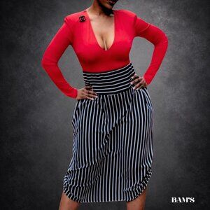 NWT She’s J Apparel 2X Black & White Striped High Waist Midi Skirt | Curve Hem